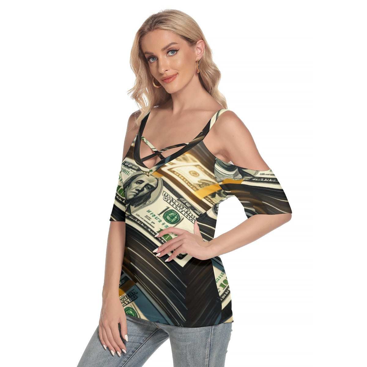 Money Stacks 2 - Women's Cold Shoulder T-shirt With Criss Cross Strips
