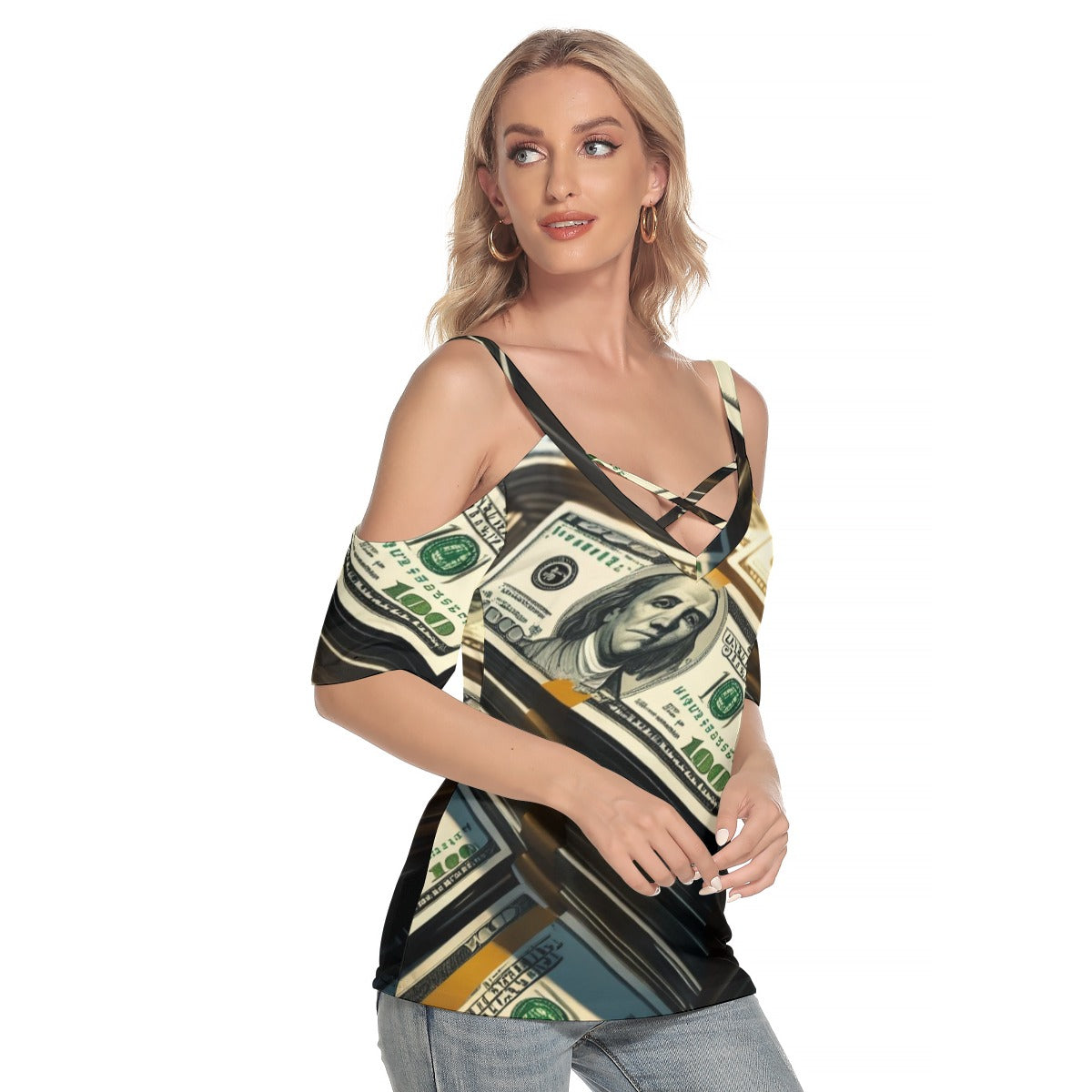 Money Stacks 2 - Women's Cold Shoulder T-shirt With Criss Cross Strips