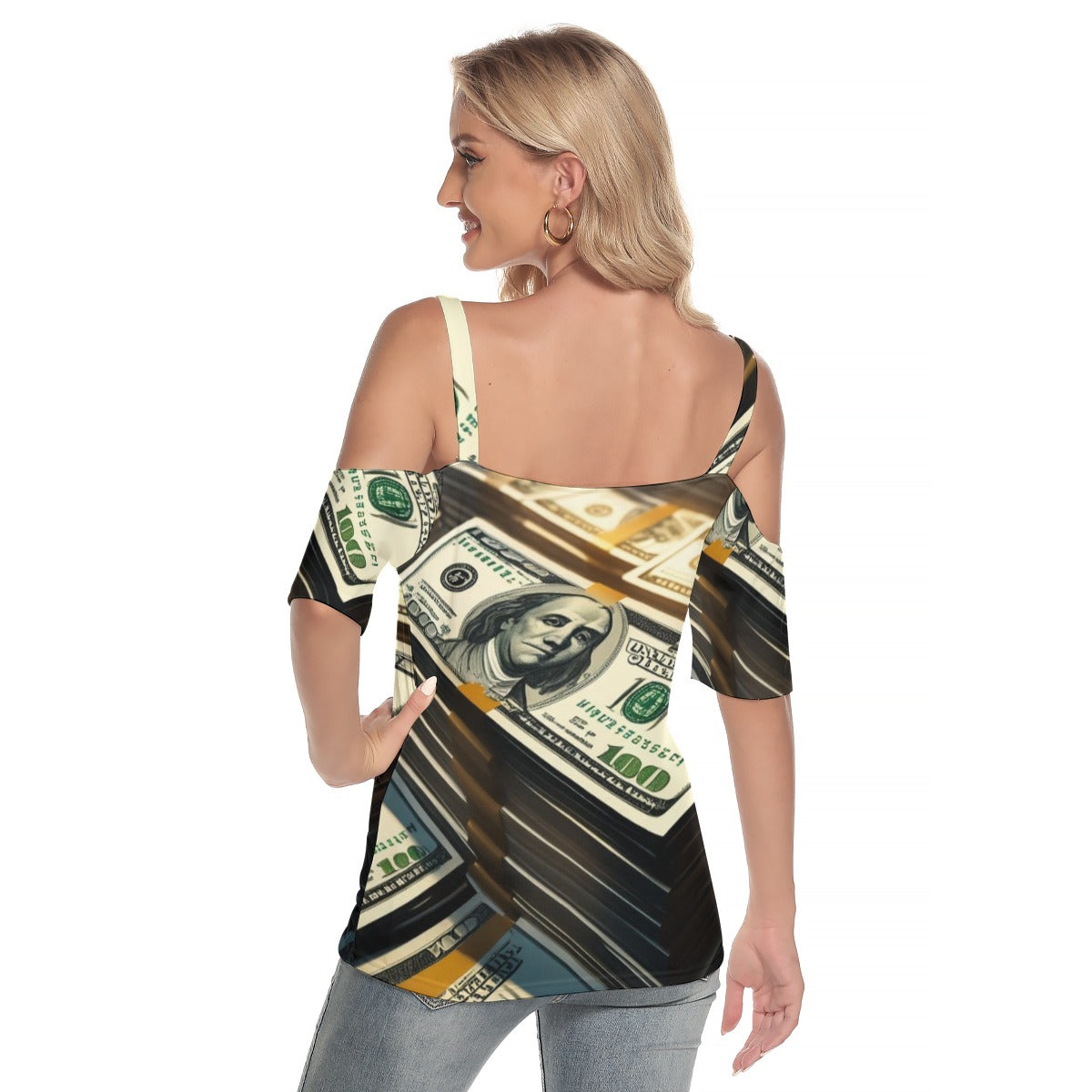Money Stacks 2 - Women's Cold Shoulder T-shirt With Criss Cross Strips