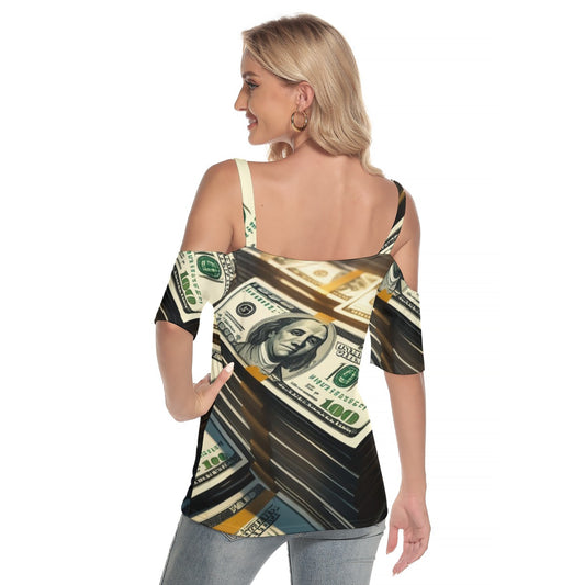 Money Stacks 2 - Women's Cold Shoulder T-shirt With Criss Cross Strips